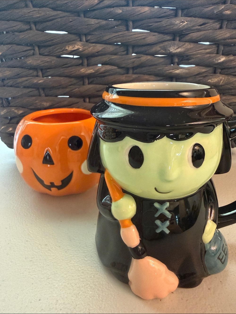 Two Halloween Mugs - Hyde & Eek Stoneware mugs - Witch and Jacko lantern pumpkin